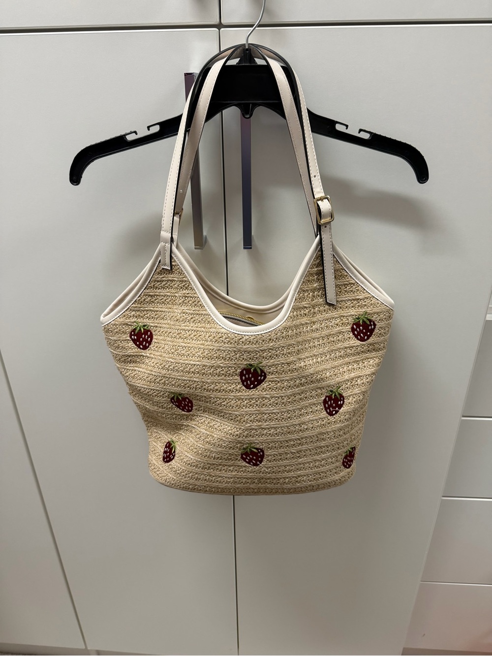 BCBGeneration Straw Tote with Red Strawberry Embroidery and Cream Trim
